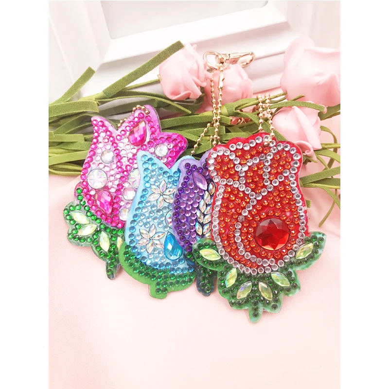 

4pcs DIY Diamond Keychain Diamond Painting Flower Keyring Keychains Cross Stitch Embroidery Women Bag Key Chain Decoration
