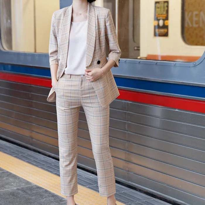 khaki blazer pant Женский костюм, брючный костюм, комплект из 2 предметов, офисные брюки, Женский клетчатый блейзер цвета хаки, пиджак+ длинные штаны, женский костюм 808216 - Цвет: khaki blazer pant