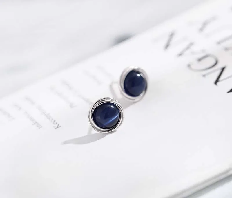 Винтажные стильные серебряные серьги-гвоздики с камнем кошачий глаз 925 темно-синие круглые серьги для женщин Свадебные ювелирные изделия