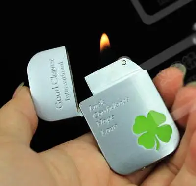 Lucky Clover Silver Metal Flint Gas Lighter for Smoking Refillable Butane Cigarette Lighters Novelty Gadget Flame | Дом и сад