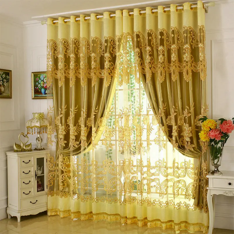 

Ready Made Window Curtains Red/Golden Luxury Embroidered Voile Curtains European Sheer/Tulle Window Curtains for Living Room