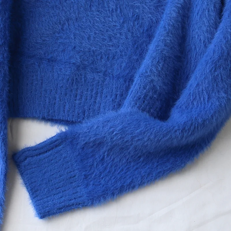 Flectit Blue Yellow Womens Fuzzy Knit Crooped Jumper Sweater with NEWSBOY Graphic Crew Neck Long Sleeve Pullovers Sweaters | Женская