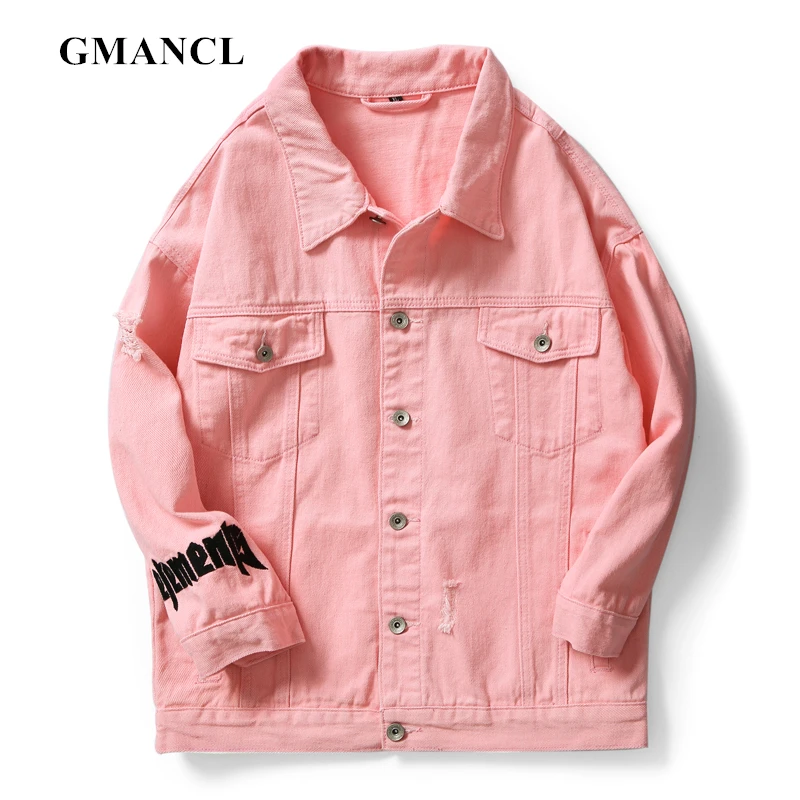 

Мужская вареная джинсовая куртка, в стиле хип-хоп, с надписью, розового, белого, черного цветов, уличная одежда, мотоциклетная джинсовая курт...