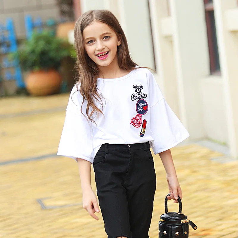 2018 летняя футболка для девочек одежда с расклешенными рукавами женщин и больших