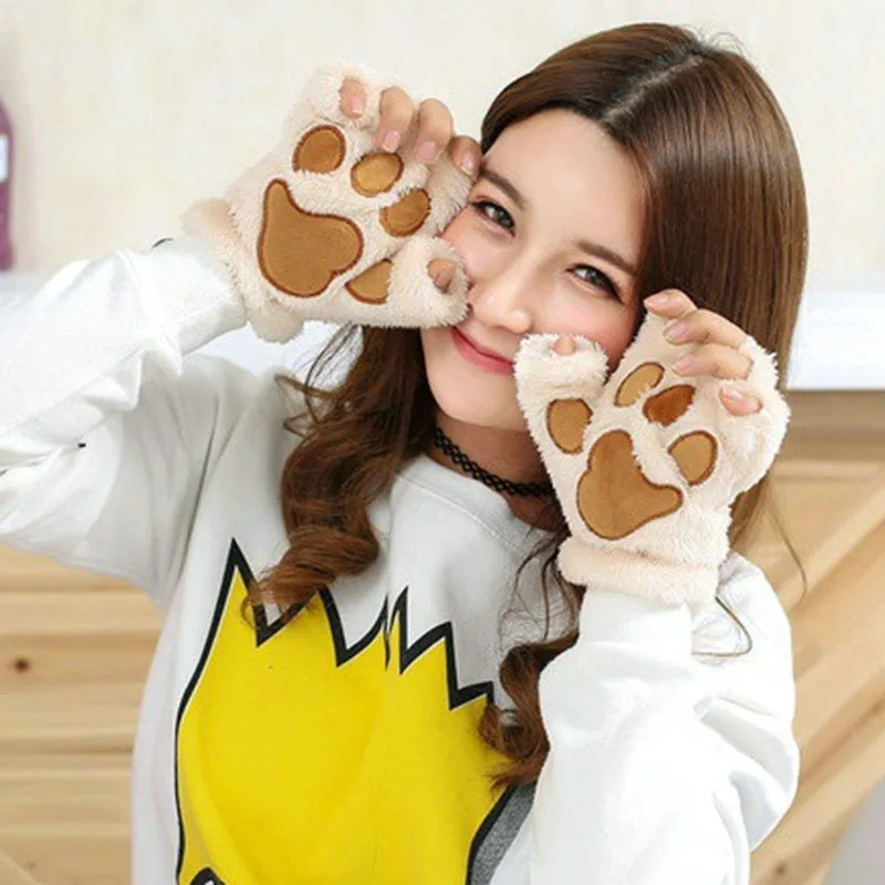 

2017 new burst of adult gloves female winter soft half-thick women thick winter warm cats bear claws plush gloves st-2