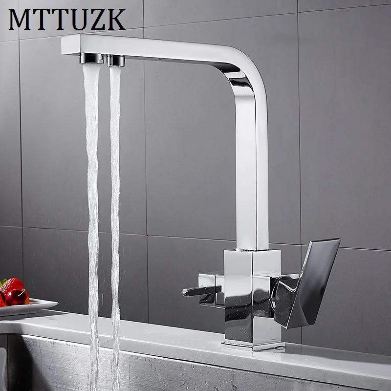 MTTUZK, квадратный хромированный латунный кухонный смеситель, смеситель для раковины, кран для холодной и горячей кухни, Современная питьевая вода, 3 способа фильтрации, смеситель