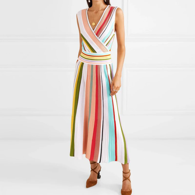2019 летнее платье для подиума женское Радужное трикотажное миди с v образным
