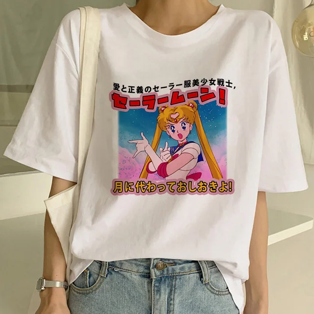 Сейлор Мун летняя новая модная футболка Женская Harajuku с коротким рукавом забавная футболка Ulzzang Милая футболка с котом Мультяшные футболки женские