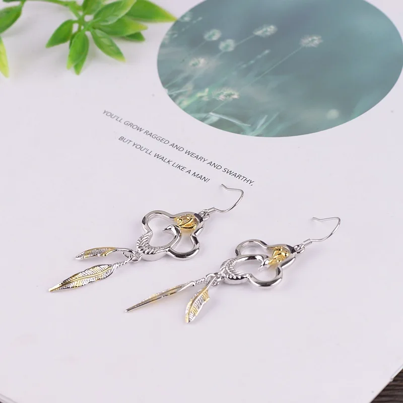 S925 Silver Craft Women Fashion Gilded Peacock Phoenix Feather Tassel Earrings | Украшения и аксессуары