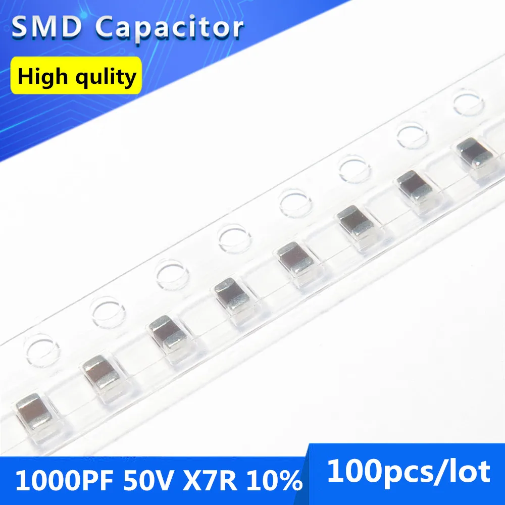 

100 шт., многослойный керамический конденсатор 0805 1NF 1000PF 50V X7R 10%