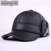 xdanqinx new winter mens genuine leather cowhide hat thicker warm baseball caps male bone casual brands earmuffs hats for men