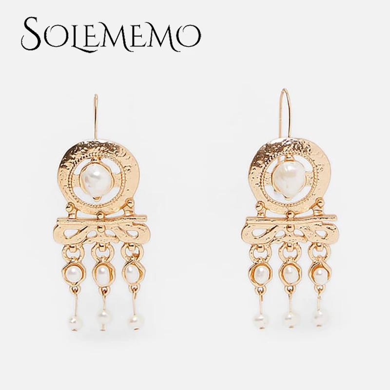 Solememo Gold Color ZA Drop Dangle Earrings Women Simulated Pearl Tassel Long Vintage Elegant Jewelry Wholesale E5330 | Украшения и
