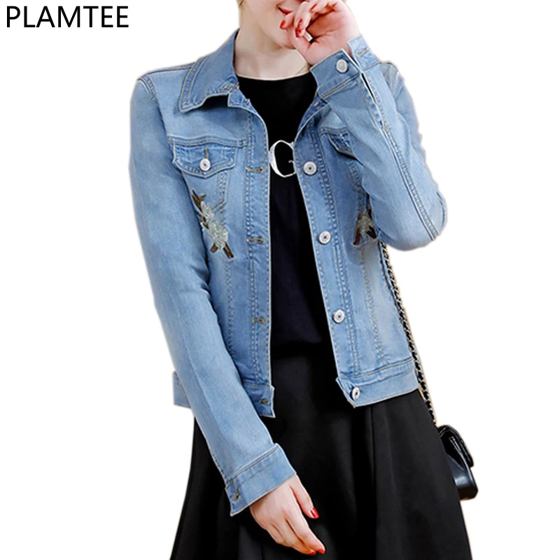 PLAMTEE винтажная женская джинсовая куртка с цветочной вышивкой Kpop Bomber зимние куртки женские короткие пальто с длинным рукавом Jaqueta Новинка