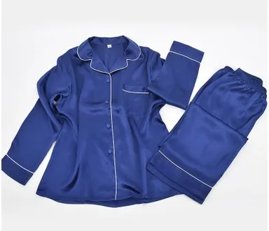 New silk pajamas, women's long sleeve trousers, 100% mulberry silk shirts, lapel, dark blue silk, home wear 5