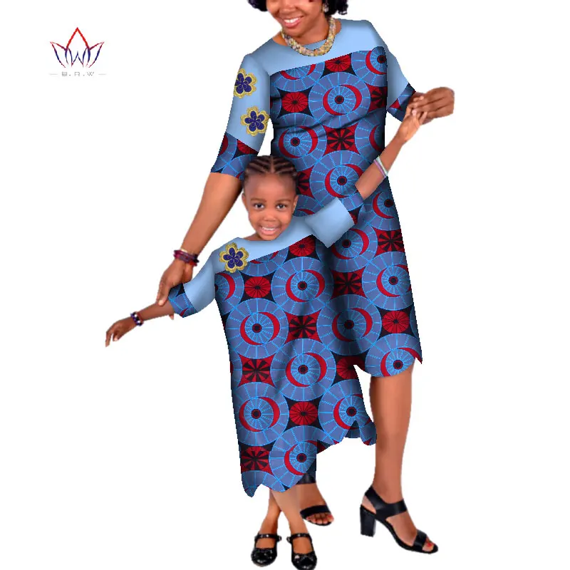 New 2 Dress for Family Bazin Riche Patchwork Applique Loose Dress African Mom and Daughter Dress Dashiki African Clothing WYQ13