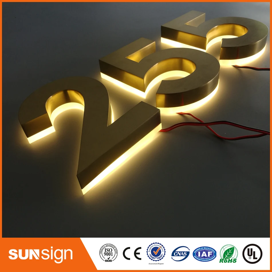 H 25cm  light Golden halo-lit  letter stainless steel channel letter with acrylic back for outdoor house door numbers