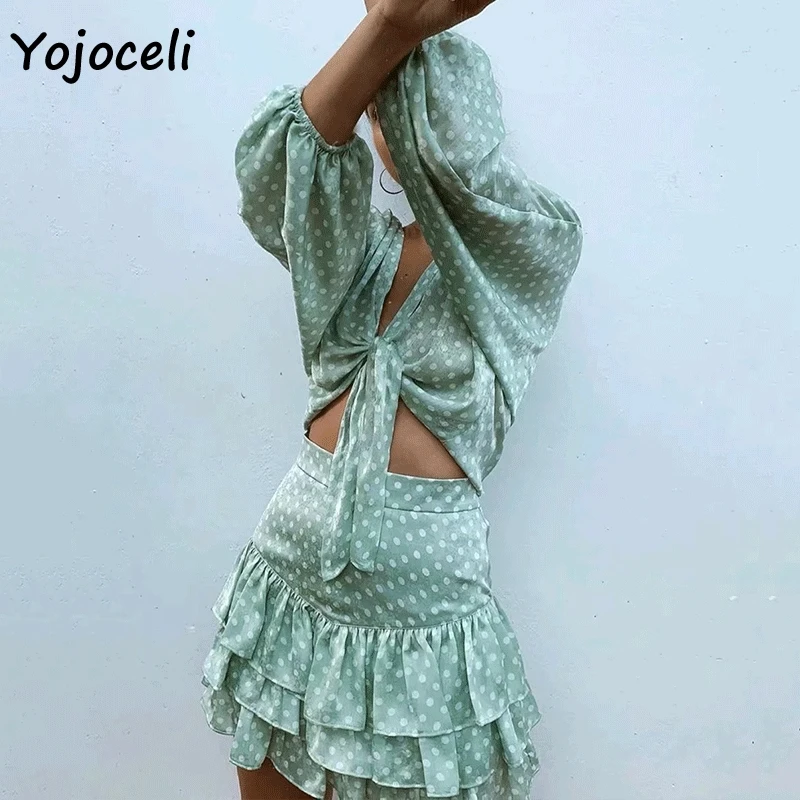 Yojoceli bean зеленая юбка в горошек с оборками для женщин 2019 летняя Милая уличная мини