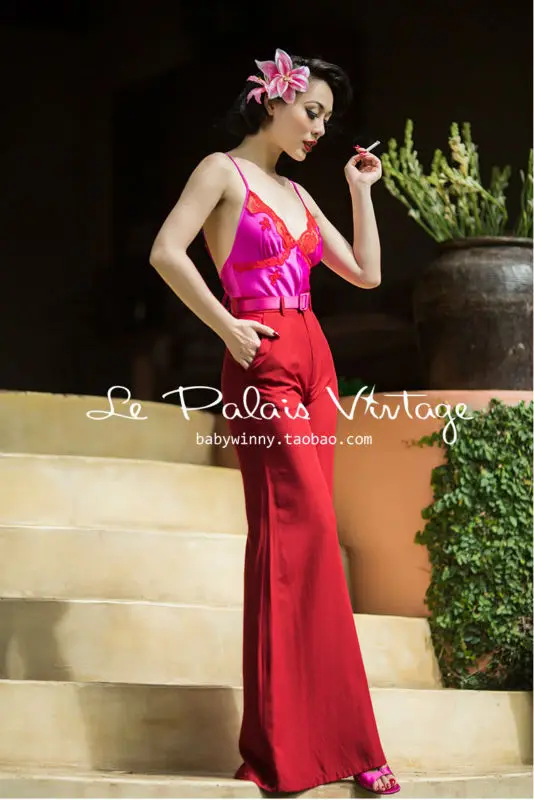 FREE SHIPPING Le Palais Vintage elegant retro classic dark red waisted skinny all-match wide leg pants