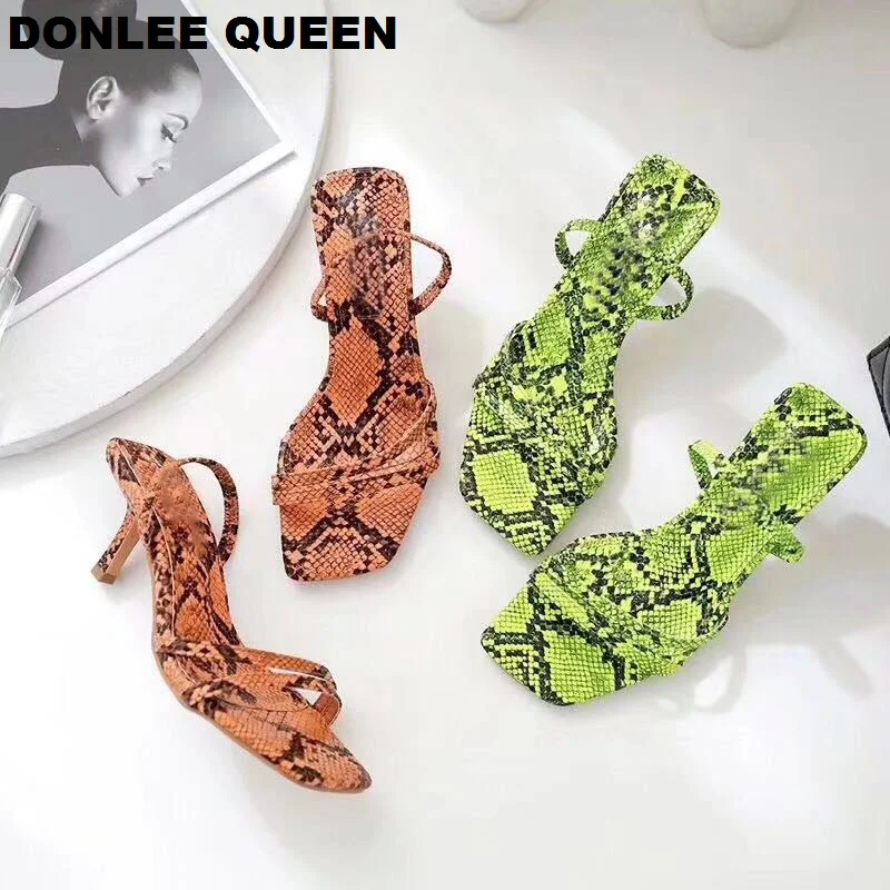 DONLEE QUEEN/; модные сандалии-гладиаторы из змеиной кожи; женская обувь с открытым носком и узкими ремешками на необычном каблуке; брендовая Летняя обувь без задника