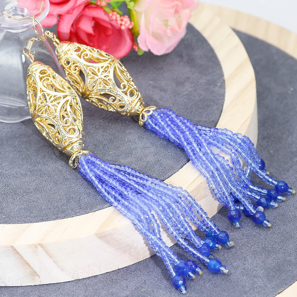 NEOVISSON African Bead Tassels Dangle Earrings For Women Gold Color Hollow Birdcage Ball Hook Wedding Earring Indian Jewelry | Украшения и