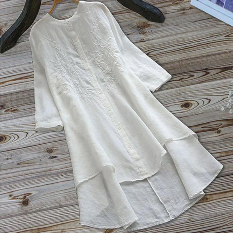Summer Casual Loose Cotton Ladies Long Sleeve Vintage Embroidered Knee-Length Dress | Женская одежда