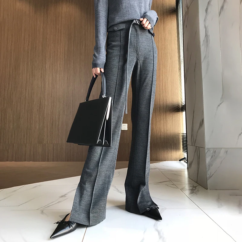 TWOTWINSTYLE, корейские шерстяные брюки для женщин, с высокой талией, с карманами, с Боковым Разрезом, расклешенные брюки, женские повседневные Модные, Осенние