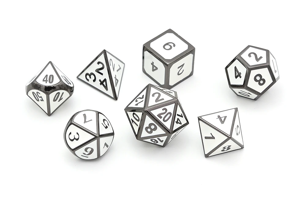 White Enamel Polyhedral Metal Dice with Velvet Pouch for MTG RPG DnD Board Games and Teaching Math