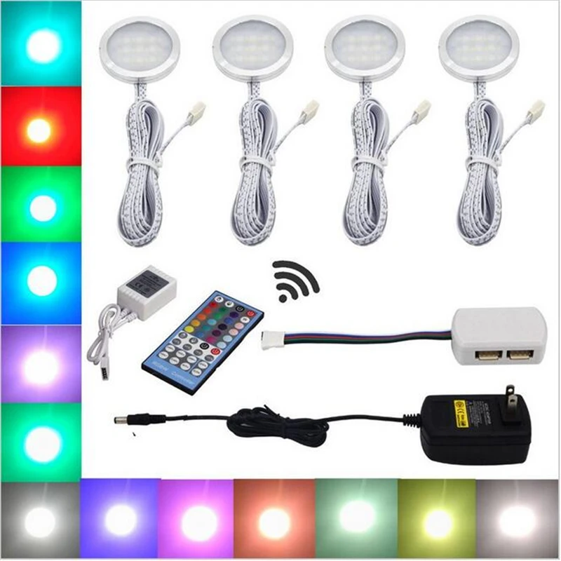 

RGBW RGB+White LED Under Cabinet Lights Downlight 4 Lamps Kit with IR Remote Control Dimmable for Kitchen Decoration Lighting