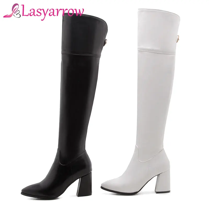 Lasyarrow/Сапоги на молнии; botas femininos; рыцарские сапоги на высоком массивном каблуке; черные, белые высокие мотоциклетные сапоги до бедра; обувь с острым носком