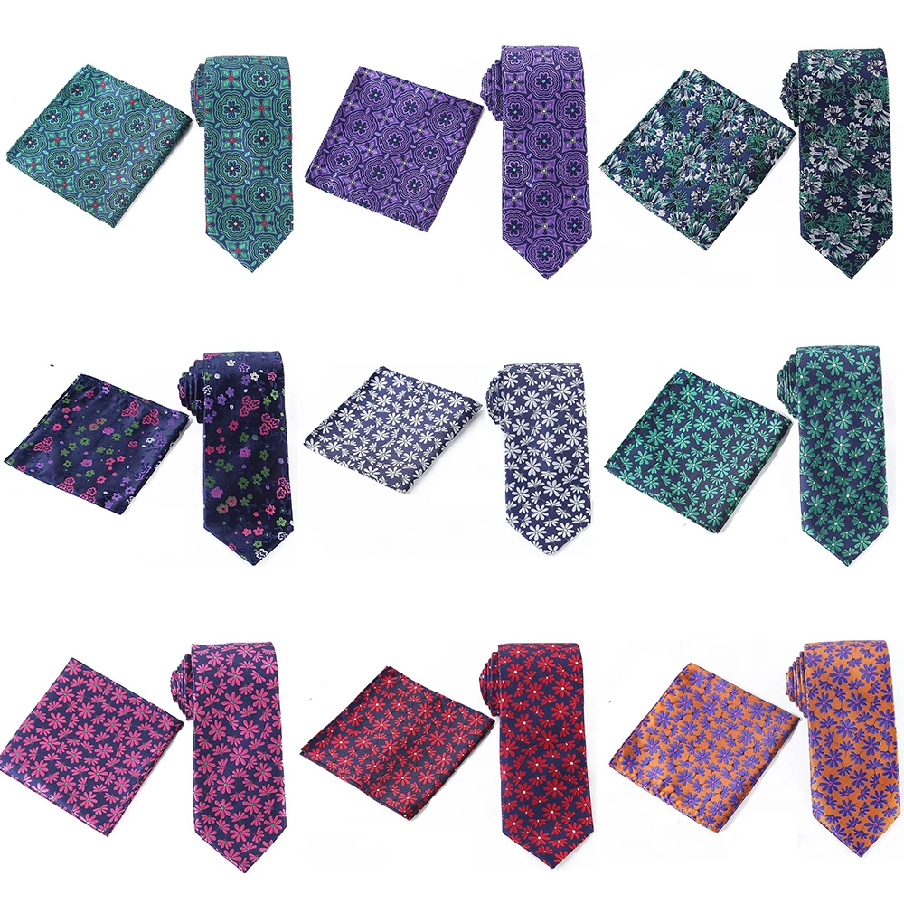 Tailor Smith Necktie and Hankerchief Set Dot Animal Wolf Shark Floral Tie Set 7.5CM Microfiber Woven Suit Tie with Pocket Square