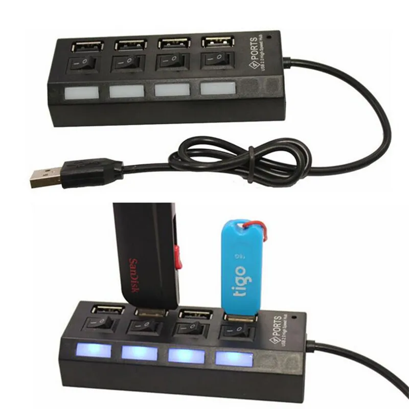 Внешний мульти расширение 4 порта USB 2 0 вкл/выкл переключатель LED сплиттер