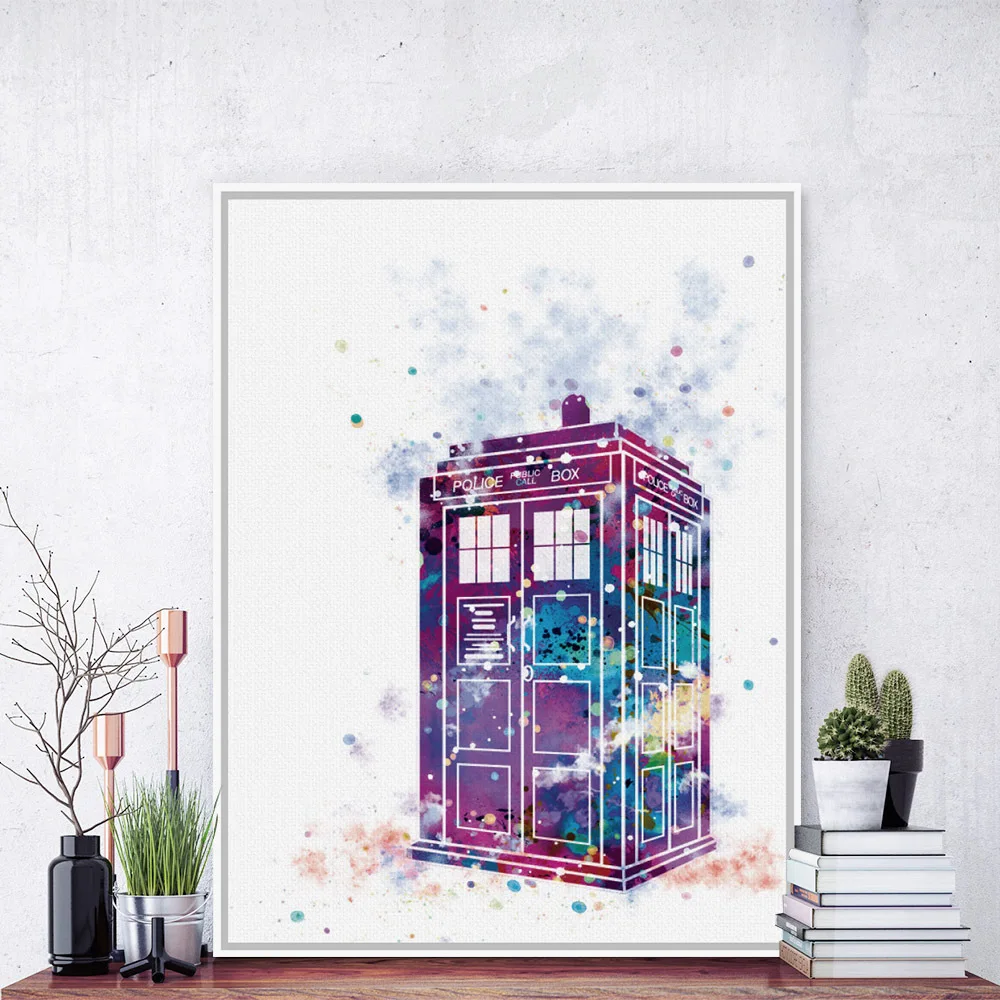 Оригинальный акварельный плакат Doctor Who A4 принт Лондонский телефонный стенд
