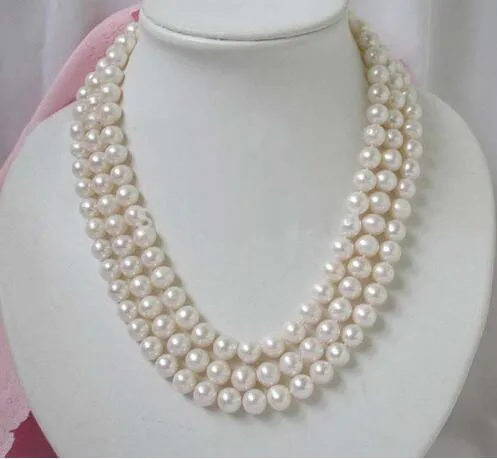 

FashionCharming 3strands 7-8mm round white FW pearl necklace handmade