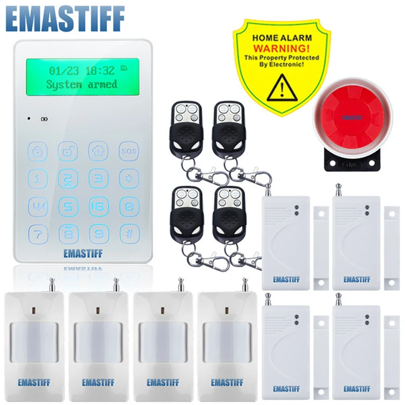 

Home Security Alarm systems Metal Remote Control Voice Prompt Wireless Door sensor LCD Display Wired Siren Kit SIM SMS GSM Alarm