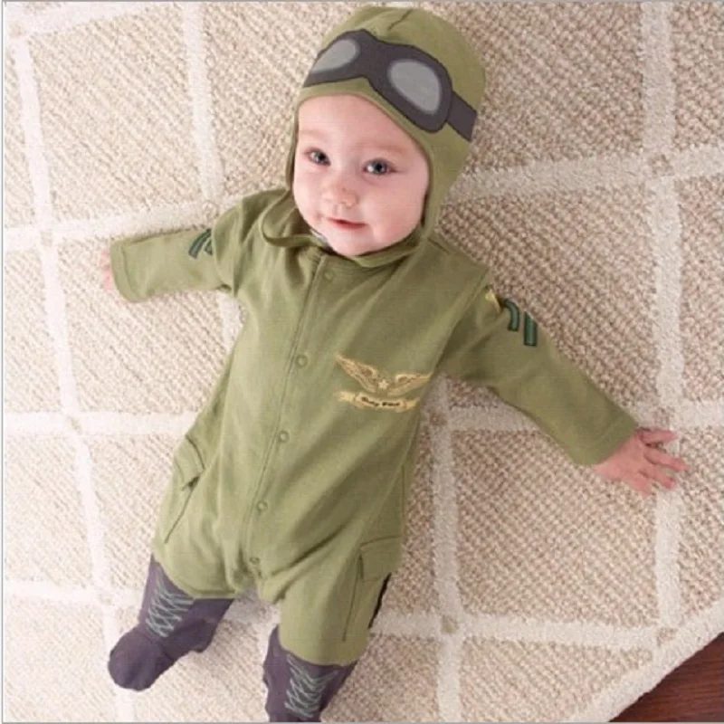 Airman Baby Rompers + Cap Boys Clothes Newborn Jumpsuits Infant Clothing Overall Bebe Roupas Pilot Costumes Green Outfits Tops
