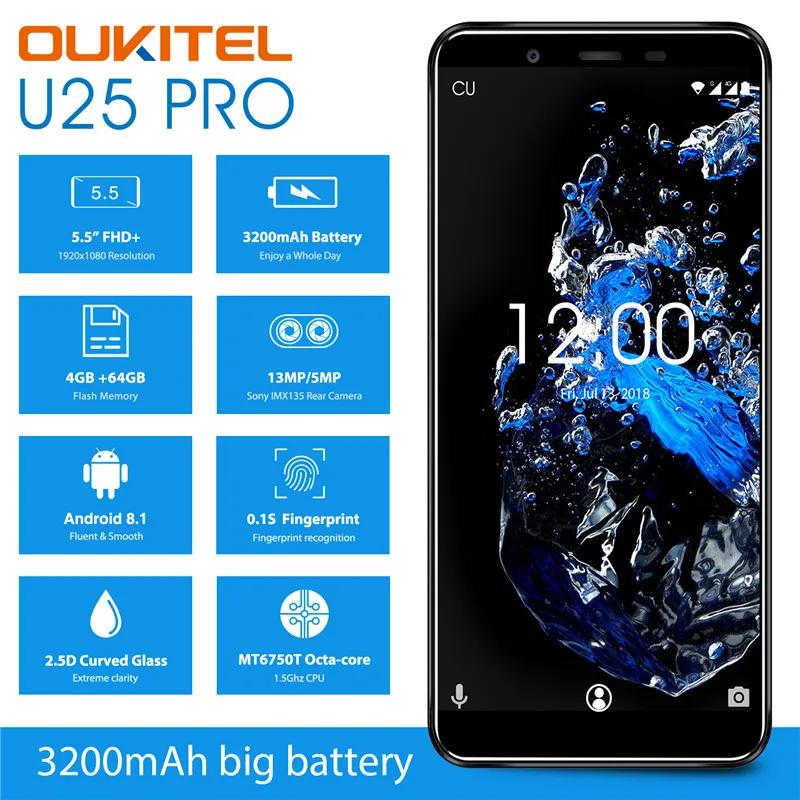 OUKITEL U25 Pro 5 &quot2.5D Incell дисплей 13MP + 2MP/5MP Android 8 1 мобильный телефон MT6750T Восьмиядерный 4G
