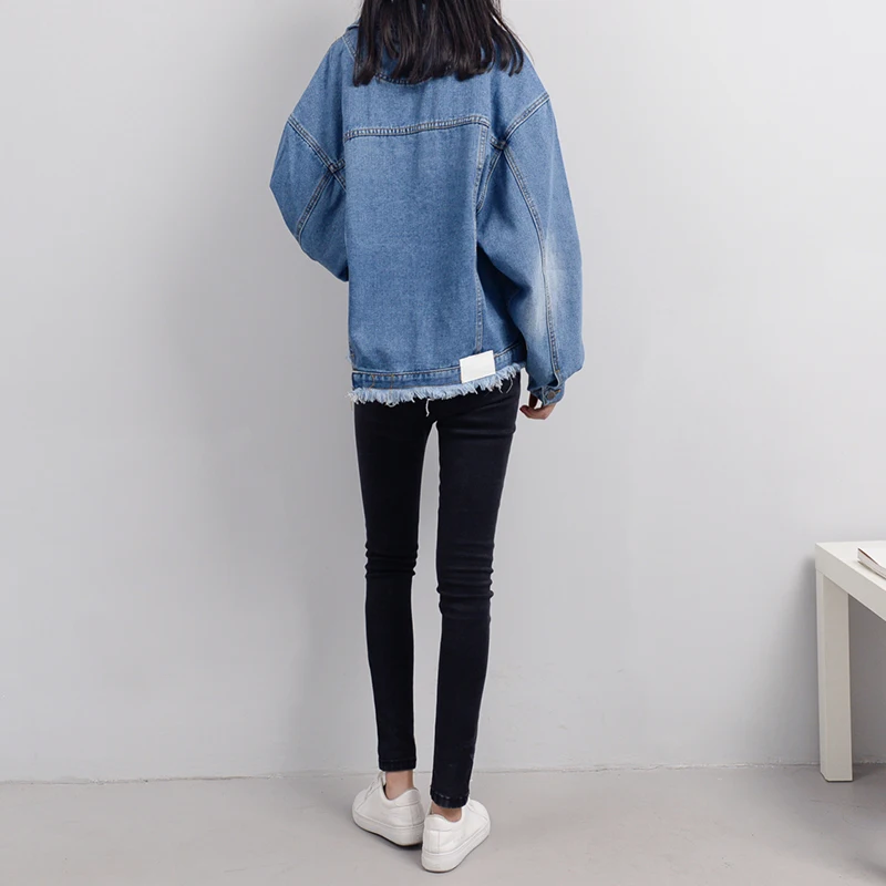 Vetevidi Autumn winter new bite tassel hem loose bat sleeve denim jacket female 6985# | Женская одежда