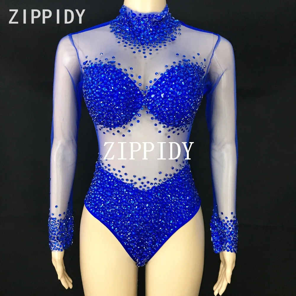 New 6 Colors Rhinestones See Through Bodysuit Big Stones Long Sleeves Sexy Mesh Performance Bodysuit Bar Nightclub Dance Outfit