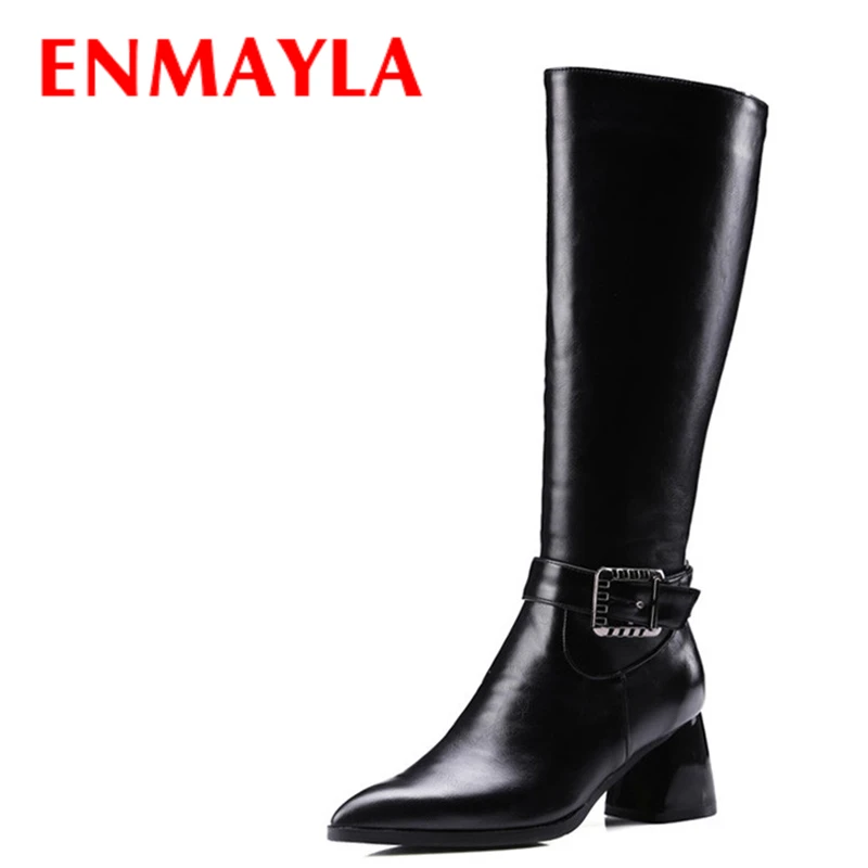 

ENMAYLA Big Buckle Knight Boots Women Black High Heels Pointed Toe Kneed High Boots Winter Ladies Shoes Woman Motorcycle Boots