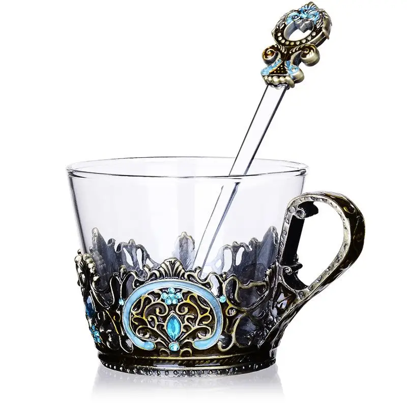 Европейский стиль эмалированный хрустальный стакан для чая с ложкой элегантная