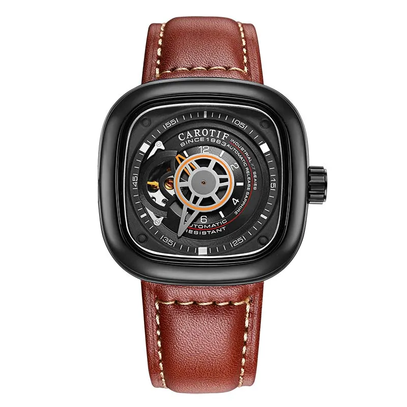 Black Red CAROTIF военные спортивные автоматические часы мужские с квадратным кожаным ремешком Мужские механические часы лучший бренд Luxur relojes automaticos - Цвет: Black Red
