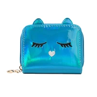 25pcs lot female laser holographic wallets short cute cartoon cat wallet mini small coin purse zipper purse leather money bags