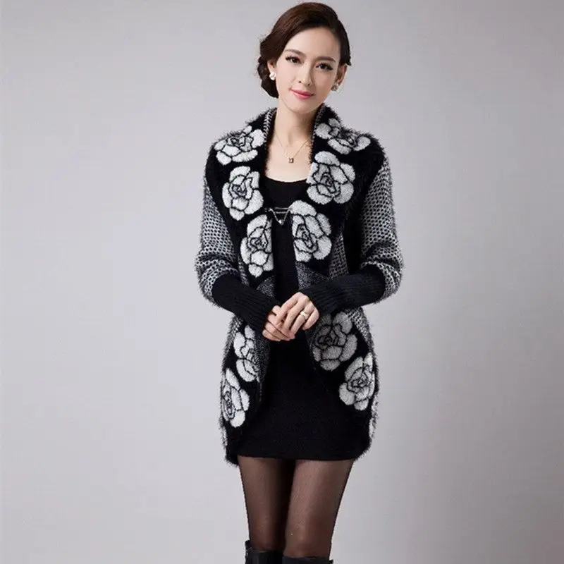 New Women Spring Autumn Sweater Knit Cardigan Jackets Fashion Print Cloak Shawls Thick Warm Large Lapel Coats WLX571 |