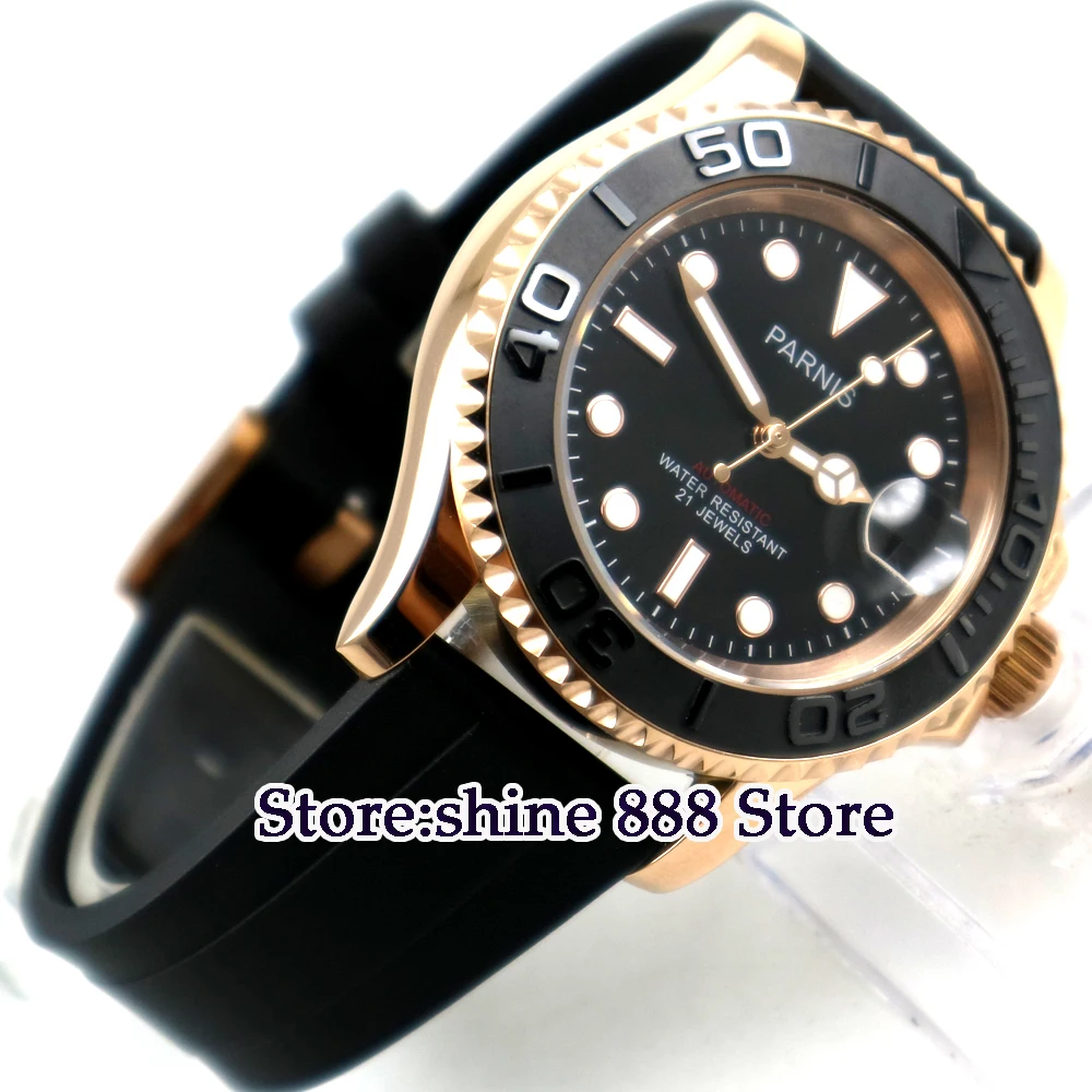 

41mm PARNIS black dial Sapphire glass golden case miyota automatic mens watch