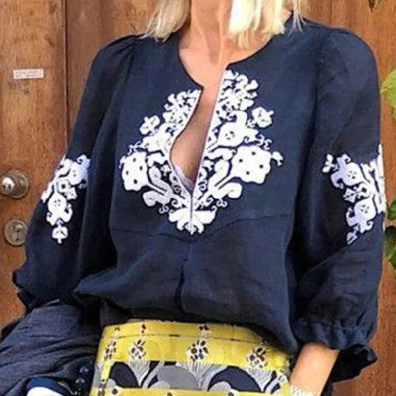 Простая хлопковая + льняная блузка с круглым вырезом и принтом женская блуза