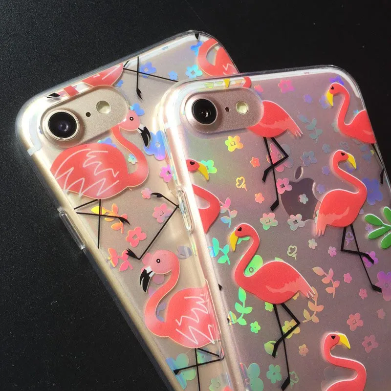 Kerzzil Lovely Cartoon Flamingo Ostrich Leaf Cover For iphone 7 Transparent Laser Flowers Phone Cases iphone7 6 6S PLus |