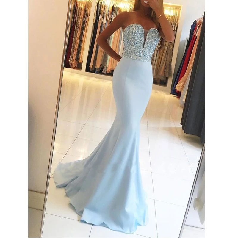 

Custom-made Long Prom Dress 2020 Mermaid Beadings Satin Sexy Formal Evening Gowns Open Back Gala Jurken