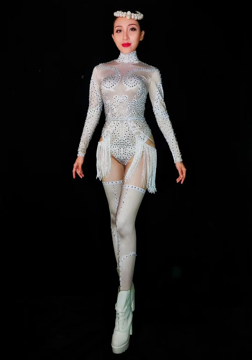 Белый кисточкой Блестящие кристаллы комбинезон с камнями сексуальный