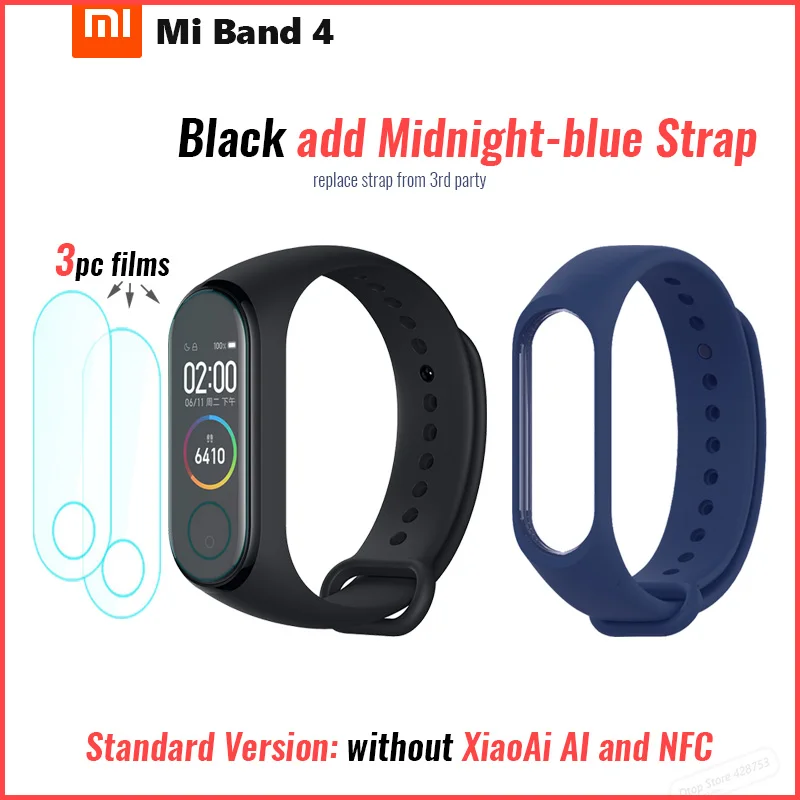 Std add film blue s Xiaomi mi-браслет 4 смарт-браслет mi Band 4 фитнес-браслет 0,9" AMOLED цветной сенсорный экран управление музыкой пульсометр BT - Цвет: Std add film blue s