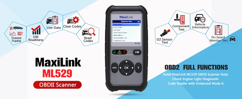 AUTEL MaxiLink ML529 Автомобильный сканер OBDII режим 6 OBD2 автомобильный диагностический инструмент eobd(система бортовой диагностики, встроенный поиск DTC Динамик ясно код ридер